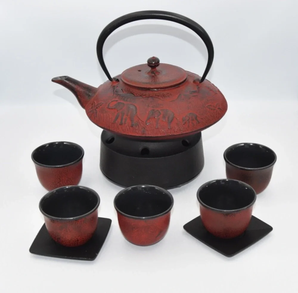 Vintage Japanese Heavy Red Cast Iron w/Warmer TEAVANA Teapot 12pc Set Elephants